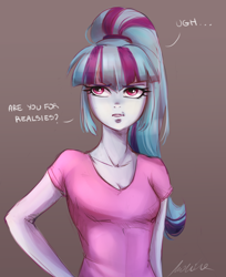 Size: 2118x2601 | Tagged: safe, artist:buttersprinkle, imported from derpibooru, sonata dusk, equestria girls, rainbow rocks, breasts, cleavage, clothes, dialogue, eyeroll, female, for realzies, hand on hip, looking at you, ponytail, realzies, shirt, simple background, solo, t-shirt, talking to viewer, ugh