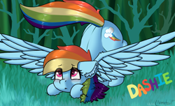 Size: 2910x1764 | Tagged: safe, artist:llametsul, imported from derpibooru, rainbow dash, pegasus, pony, :<, ass up, blushing, crouching, cute, cutie mark, dashabetes, ear fluff, eye clipping through hair, feather, female, grass, heart eyes, looking up, mare, progress, raised tail, redraw, signature, solo, spread wings, tail, tree, wingding eyes, wings