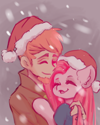 Size: 700x875 | Tagged: safe, artist:valeria_fills, imported from derpibooru, pinkie pie, earth pony, human, pony, christmas, clothes, cuddling, digital art, eyes closed, female, friendshipping, hat, holiday, hooves, hug, male, mare, pinkamena diane pie, postal 2, postal dude, santa hat, simple background, snow, trenchcoat