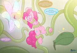 Size: 6000x4100 | Tagged: safe, artist:fluffyxai, imported from derpibooru, pinkie pie, earth pony, pony, blushing, bondage, bruised, chest fluff, cutie mark, drool, female, fetish, flower, flower petals, hypnosis, hypnosis fetish, hypnotized, imminent vore, implied applejack, implied rainbow dash, implied twilight sparkle, kaa eyes, mare, mind control, offscreen character, pain star, pinkie prey, plant, plant vore, plants, redraw, smiling, speech, speech bubble, stomach noise, swirly eyes, talking, tentacle bondage, tentacle porn, tentacles, text, tongue out, underhoof, vine, wrap