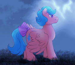 Size: 762x666 | Tagged: safe, artist:pigeorgien, imported from derpibooru, firefly, pegasus, pony, bow, g1, hoof fluff, lightning, solo, tail bow