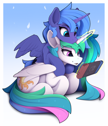 Size: 2020x2345 | Tagged: safe, artist:yakovlev-vad, imported from derpibooru, princess celestia, princess luna, alicorn, pony, gamer luna, cute, eye clipping through hair, female, glowing horn, gradient background, horn, hug, levitation, magic, mare, nintendo, nintendo switch, open mouth, royal sisters, s1 luna, siblings, simple background, sisters, sitting, telekinesis, video game