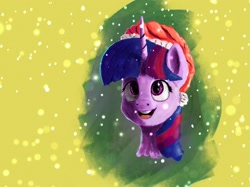 Size: 2048x1535 | Tagged: safe, artist:dummyhorse, artist:phutashi, imported from derpibooru, twilight sparkle, pony, bust, christmas, female, front view, full face view, hat, holiday, looking at something, looking up, mare, open mouth, santa hat, smiling, snow, snowfall, solo, speedpaint available