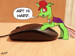 Size: 3120x2340 | Tagged: safe, artist:pony-berserker, imported from derpibooru, oc, oc:berzie, changedling, changeling, pony, computer mouse, irl, male, photo, ponies in real life, speech bubble