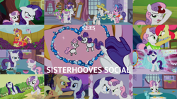 Size: 1990x1119 | Tagged: safe, edit, edited screencap, editor:quoterific, imported from derpibooru, screencap, apple bloom, applejack, cookie crumbles, hondo flanks, rarity, spike, sweetie belle, dragon, earth pony, pony, unicorn, sisterhooves social, angry, applejack's hat, argument, cowboy hat, eyes closed, hat, mud puddle, open mouth, rain