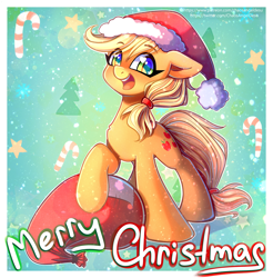 Size: 1200x1221 | Tagged: safe, artist:chaosangeldesu, imported from derpibooru, applejack, earth pony, pony, christmas, cute, female, hat, holiday, jackabetes, mare, open mouth, sandbag, santa hat, santa sack