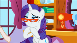 Size: 1136x640 | Tagged: safe, imported from derpibooru, screencap, rarity, pony, unicorn, season 9, she's all yak, spoiler:s09, cute, female, glasses, raribetes, sewing machine, solo