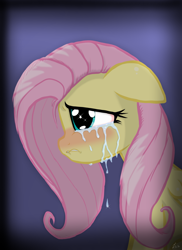 Size: 1600x2201 | Tagged: safe, artist:lennondash, imported from derpibooru, fluttershy, pegasus, pony, blushing, bust, crying, female, floppy ears, folded wings, gradient background, lip bite, mare, portrait, profile, sad, solo, stray strand, teary eyes, wings