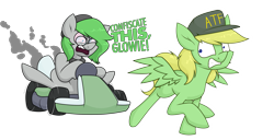 Size: 2741x1399 | Tagged: safe, artist:moonatik, imported from derpibooru, oc, oc:lemming, oc:trivial pursuit, earth pony, pegasus, pony, atf, beanie, bloodshot eyes, cap, commission, dialogue, freckles, glasses, glow, glowing, go-kart, hat, high, male, running, simple background, spread wings, stallion, stoned, transparent background, wheel, wings, yelling