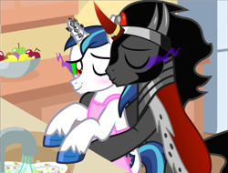Size: 2082x1581 | Tagged: safe, alternate version, anonymous artist, derpibooru exclusive, imported from derpibooru, king sombra, shining armor, pony, unicorn, .svg available, apron, base used, blushing, bowl, cheek kiss, cleaning, cloak, clothes, crossdressing, dishes, eyes closed, fruit, gay, hoof polish, horn, horn crystals, horn ring, housewife, infidelity, jewelry, kiss on the cheek, kissing, kitchen, magic suppression, male, mind control, naked apron, refrigerator, ring, shiningsombra, shipping, sombra eyes, stallion, svg, unshorn fetlocks, vector, victorious villain, wedding ring