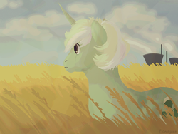 Size: 1024x768 | Tagged: safe, artist:pigeorgien, imported from derpibooru, oc, oc only, oc:trefoil clover, pony, unicorn, cloud, crying, curved horn, female, food, horn, mare, power plant, solo, wheat