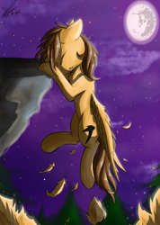 Size: 970x1359 | Tagged: safe, artist:yuris, imported from derpibooru, oc, oc only, oc:sharpwing, pegasus, pony, cliff, feather, mare in the moon, moon, night, solo, stars