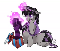 Size: 2088x1775 | Tagged: safe, artist:opalacorn, imported from derpibooru, oc, oc only, oc:magna-save, pony, unicorn, birthday, birthday present, clothes, cute, gift art, gift box, gift giving, happy, jacket, magic, present, scarf, simple background, solo