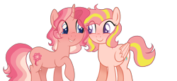 Size: 2000x920 | Tagged: safe, artist:gallantserver, imported from derpibooru, oc, oc only, oc:peaches, oc:zemnya, pegasus, pony, unicorn, female, magical lesbian spawn, mare, offspring, parent:fluttershy, parent:sunset shimmer, parents:sunshyne, simple background, transparent background