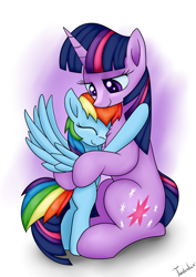 Size: 2480x3507 | Tagged: safe, artist:twidasher, imported from derpibooru, rainbow dash, twilight sparkle, pegasus, pony, unicorn, abstract background, chest fluff, cute, dashabetes, duo, duo female, eyes closed, female, filly, filly rainbow dash, hug, mare, signature, size difference, smiling, this will end in timeline distortion, twiabetes, unicorn twilight, younger