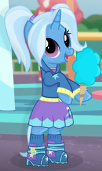 Size: 1363x2283 | Tagged: safe, artist:grapefruitface1, imported from derpibooru, trixie, pony, unicorn, alternate hairstyle, babysitter trixie, base used, bipedal, clothes, cotton candy, equestria girls outfit, equestria girls ponified, hoodie, human pony trixie, looking at you, ponified, roller coaster, shoes, show accurate, skirt, socks, solo