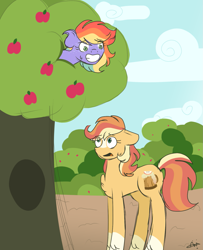 Size: 1309x1609 | Tagged: safe, artist:gallantserver, imported from derpibooru, oc, oc only, oc:elstar, oc:sugarcube smith, pony, apple, apple tree, female, food, magical lesbian spawn, mare, offspring, parent:applejack, parent:rainbow dash, parents:appledash, tree