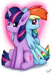 Size: 2480x3507 | Tagged: safe, artist:twidasher, imported from derpibooru, rainbow dash, twilight sparkle, pegasus, pony, unicorn, back to back, duo, female, gradient background, lesbian, mare, shipping, signature, smiling, twidash, unicorn twilight