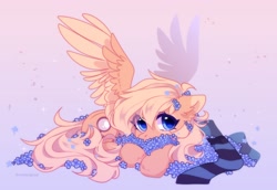 Size: 2500x1716 | Tagged: safe, artist:_whitenghost, artist:whiteliar, imported from derpibooru, oc, oc only, oc:mirta whoowlms, pegasus, pony, clothes, eye clipping through hair, female, flower, looking at you, lying down, mare, scarf, solo, spread wings, wings