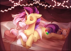 Size: 2500x1800 | Tagged: safe, artist:_whitenghost, artist:whiteliar, imported from derpibooru, oc, oc only, bat pony, pony, unicorn, bed, blushing, christmas, christmas lights, constellation, cutie mark, female, heart, heart pillow, holiday, male, pillow, snuggling, straight, stuffed animals