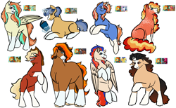 Size: 2485x1534 | Tagged: safe, artist:lieutenantcactus, imported from derpibooru, big macintosh, braeburn, flash sentry, king sombra, shining armor, stygian, sunburst, trouble shoes, zephyr breeze, oc, earth pony, pegasus, pony, unicorn, coat markings, magical gay spawn, offspring, parent:big macintosh, parent:braeburn, parent:flash sentry, parent:king sombra, parent:shining armor, parent:stygian, parent:sunburst, parent:trouble shoes, parent:zephyr breeze, parents:braeburst, parents:flashburst, parents:macburst, parents:shiningburst, parents:somburst, parents:stygburst, parents:troubleburst, parents:zephyrburst, rearing, screencap reference, simple background, socks (coat marking), socks (coat markings), white background