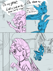 Size: 1299x1747 | Tagged: safe, artist:tigerett, imported from derpibooru, gallus, silverstream, griffon, hippogriff, candy, candy cane, comic, food, funny, instant regret, sketch, tongue frozen, tongue out, tongue stuck to pole