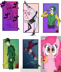 Size: 3897x4654 | Tagged: safe, artist:decrampleo, imported from derpibooru, pinkie pie, earth pony, human, pony, six fanarts, amputee, bowler hat, bust, clothes, clown, crossover, dc comics, dio brando, doctor who, dress, eye reflection, eyelashes, falling, female, fire, glasses, gloves, hat, jojo's bizarre adventure, male, mare, matches, mouth hold, necktie, prosthetic leg, prosthetic limb, prosthetics, reflection, scepter, smiling, the joker, the riddler, top hat, vest