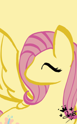 Size: 400x640 | Tagged: safe, artist:amgiwolf, imported from derpibooru, fluttershy, pegasus, pony, bust, eyes closed, female, looking back, mare, signature, simple background, solo, yellow background