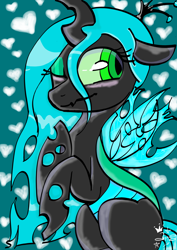 Size: 2480x3508 | Tagged: safe, artist:amgiwolf, imported from derpibooru, queen chrysalis, changeling, changeling queen, crown, eyelashes, female, heart, jewelry, one eye closed, regalia, signature, solo, wink