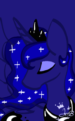 Size: 400x640 | Tagged: safe, artist:amgiwolf, imported from derpibooru, princess luna, alicorn, pony, blue background, bust, ethereal mane, eyes closed, female, looking back, mare, peytral, signature, simple background, solo, starry mane