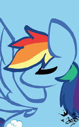 Size: 400x640 | Tagged: safe, artist:amgiwolf, imported from derpibooru, rainbow dash, pegasus, pony, blue background, bust, eyes closed, female, looking back, mare, signature, simple background, solo