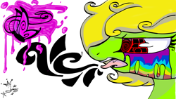 Size: 1024x576 | Tagged: safe, artist:amgiwolf, imported from derpibooru, oc, oc only, oc:viexy ams, butterfly, earth pony, pony, earth pony oc, open mouth, rainbow tears, signature, simple background, solo, tongue out, white background