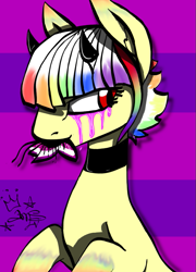 Size: 597x830 | Tagged: safe, artist:amgiwolf, imported from derpibooru, oc, oc only, pony, abstract background, bust, choker, crying, eating, horns, multicolored hair, rainbow hair, signature, solo