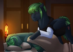 Size: 1280x916 | Tagged: safe, artist:imreer, imported from derpibooru, oc, oc only, pegasus, pony, bed, blanket, clothes, duo, duo male, heterochromia, hoodie, hoof hold, indoors, lava lamp, male, pegasus oc, pillow, sleeping, stallion, tucking in, wings