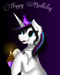 Size: 1080x1350 | Tagged: safe, artist:rxndxm.artist, imported from derpibooru, oc, oc only, oc:shooting star, pony, unicorn, bust, candle, cupcake, female, food, gradient background, happy birthday, hat, horn, jewelry, mare, necklace, party hat, solo, unicorn oc