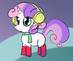 Size: 801x675 | Tagged: safe, artist:branate, imported from derpibooru, sweetie belle, pony, unicorn, blank flank, clothes, cute, diasweetes, earmuffs, female, filly, scarf, smiling, socks, solo