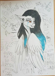 Size: 887x1238 | Tagged: safe, artist:minelvi, imported from derpibooru, oc, oc only, pegasus, pony, bust, crying, ear piercing, earring, grin, jewelry, pegasus oc, piercing, smiling, solo, traditional art, wings