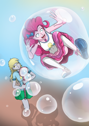 Size: 4961x7016 | Tagged: safe, artist:symptom99, imported from derpibooru, derpy hooves, pinkie pie, human, equestria girls, equestria girls series, balloon, blowing bubbles, bubble, bubble solution, bubble wand, clothes, in bubble, open mouth, open smile, panties, pinkie pie trapped in a balloon, pinkie pie trapped in a bubble, schrödinger's pantsu, skirt, smiling, soap bubble, trapped, underwear, white underwear