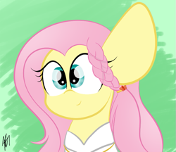 Size: 707x610 | Tagged: safe, artist:sugarcloud12, imported from derpibooru, fluttershy, pony, braid, bust, cute, hairclip, no nose, no nostrils, portrait, shyabetes, solo
