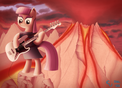 Size: 3615x2604 | Tagged: safe, artist:cosmikvek, imported from derpibooru, maud pie, earth pony, pony, bass guitar, bipedal, cable, clothes, female, guitar, hoof hold, lava, magma, musical instrument, rock, rock (music), smoke, solo, volcano