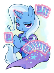 Size: 652x888 | Tagged: safe, artist:akira bano, imported from derpibooru, trixie, pony, unicorn, cape, clothes, cute, diatrixes, female, hat, lidded eyes, magic, magic trick, mare, playing card, simple background, solo, telekinesis, trixie's cape, trixie's hat, white background