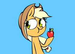 Size: 550x400 | Tagged: safe, artist:mushroomcookiebear, applejack, earth pony, pony, apple, blue background, eating, food, hoof hold, looking sideways, sideways glance, simple background, smug, solo