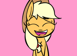 Size: 550x400 | Tagged: safe, artist:mushroomcookiebear, applejack, earth pony, pony, eyes closed, grin, looking at you, nervous, nervous grin, pink background, simple background, smiling, solo, sweat, worried