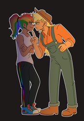 Size: 2400x3450 | Tagged: safe, artist:applejackofalltrades, imported from derpibooru, applejack, rainbow dash, human, appledash, clothes, converse, dark skin, female, height difference, humanized, lesbian, pointing, shipping, shoes, smiling, smirk