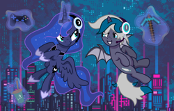 Size: 3600x2300 | Tagged: safe, artist:oyks, imported from derpibooru, princess luna, oc, oc:elizabat stormfeather, alicorn, bat pony, bat pony alicorn, pony, gamer luna, alicorn oc, bat pony oc, bat wings, coffee, commission, controller, diamond pickaxe, duo, duo female, female, flying, food, gamer, glowing horn, grin, headset, high res, hoof shoe, hoof shoes, horn, jewelry, latte, looking at each other, mare, minecraft, pickaxe, playstation 4, raised hoof, raised leg, regalia, smiling, wings, ych result