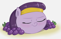 Size: 1372x880 | Tagged: safe, artist:heretichesh, imported from derpibooru, oc, oc only, oc:mummydew, pony, undead, blushing, female, filly, food, grapes, mummy, solo