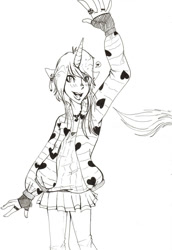 Size: 1024x1491 | Tagged: safe, artist:oukiee, imported from derpibooru, oc, oc only, anthro, unicorn, clothes, fingerless gloves, gloves, horn, lineart, monochrome, open mouth, smiling, solo, unicorn oc, waving