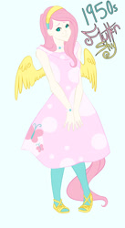 Size: 1153x2106 | Tagged: safe, artist:oukiee, imported from derpibooru, fluttershy, human, 1950s, 50's fashion, 50s, clothes, cutie mark, cutie mark on clothes, dress, eyelashes, female, flutterwife, hairband, housewife, humanized, sandals, simple background, smiling, solo, tailed humanization, winged humanization, wings