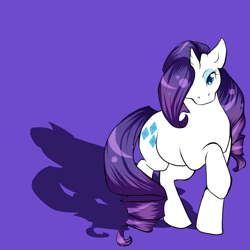 Size: 1500x1500 | Tagged: safe, artist:oukiee, imported from derpibooru, rarity, pony, unicorn, female, hair over one eye, mare, purple background, raised hoof, shadow, simple background, solo