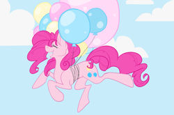 Size: 3015x1989 | Tagged: safe, artist:roboticalpaca, imported from derpibooru, pinkie pie, earth pony, pony, balloon, eyelashes, eyes closed, female, floating, flying, mare, outdoors, smiling, solo, then watch her balloons lift her up to the sky